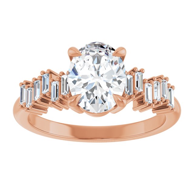 KALIA Solitaire Oval Engagement Ring with Uneven Baguette Band - 18K Rose Gold - View 3
