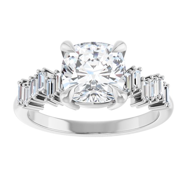 KALIA Solitaire Cushion Engagement Ring with Uneven Baguette Band - Platinum - View 3