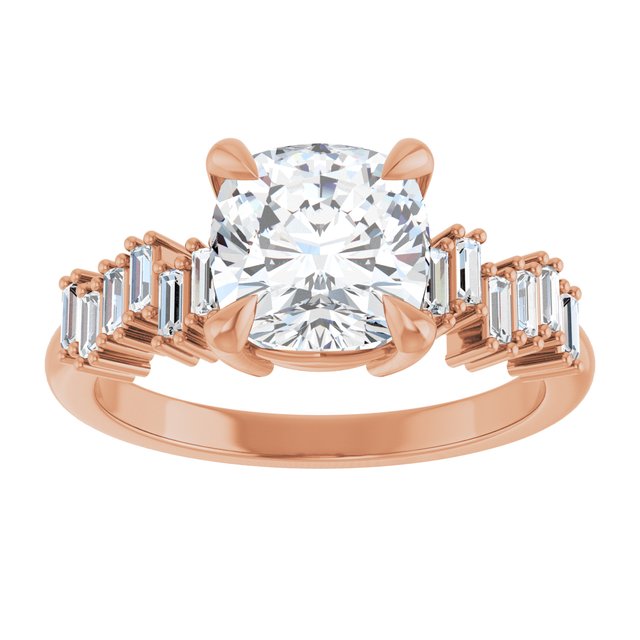 KALIA Solitaire Cushion Engagement Ring with Uneven Baguette Band - 18K Rose Gold - View 3