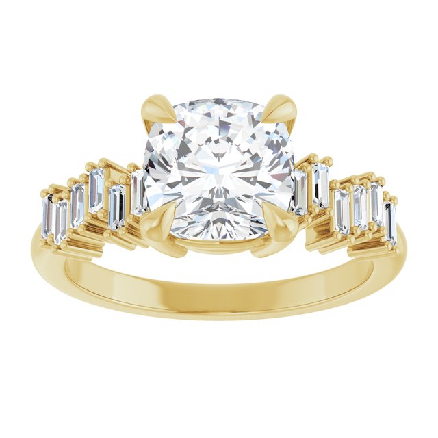 KALIA Solitaire Cushion Engagement Ring with Uneven Baguette Band - 18K Yellow Gold - View 3