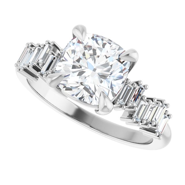 KALIA Solitaire Cushion Engagement Ring with Uneven Baguette Band - Platinum - View 5
