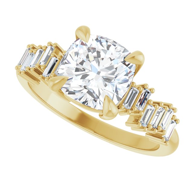 KALIA Solitaire Cushion Engagement Ring with Uneven Baguette Band - 18K Yellow Gold - View 5