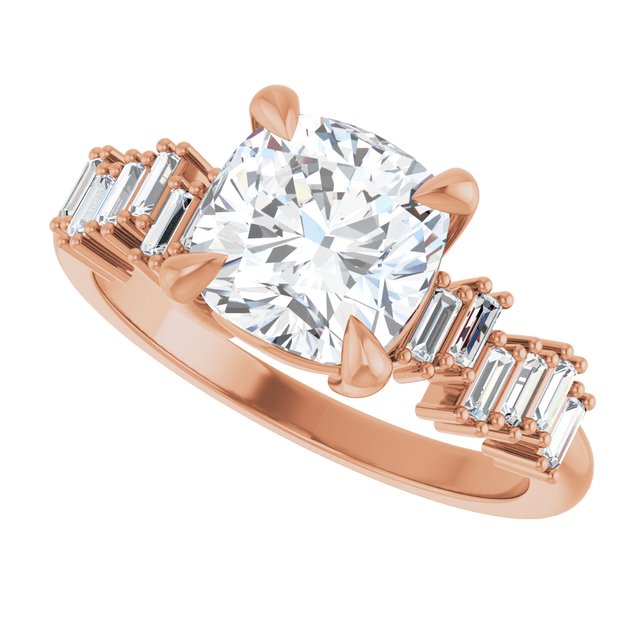 KALIA Solitaire Cushion Engagement Ring with Uneven Baguette Band - 18K Rose Gold - View 5