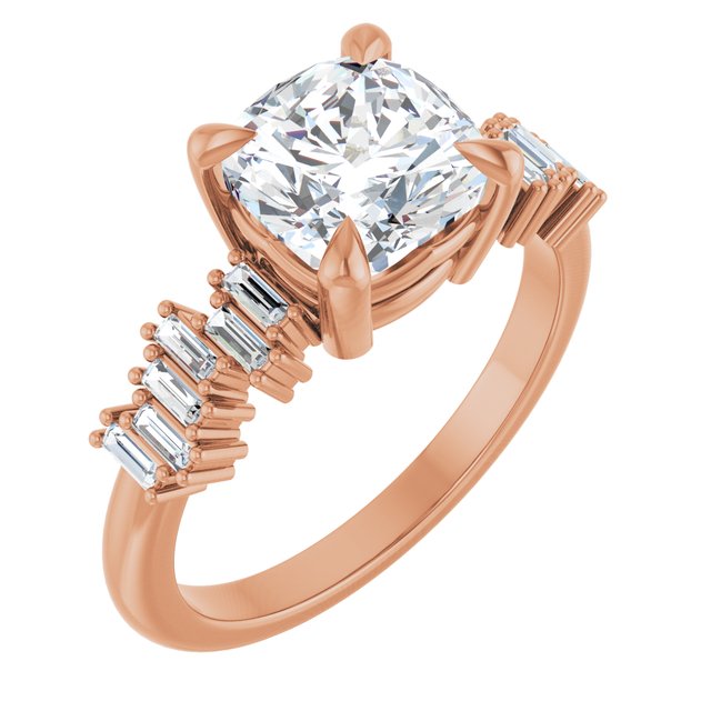 KALIA Solitaire Cushion Engagement Ring with Uneven Baguette Band - 18K Rose Gold - View 1