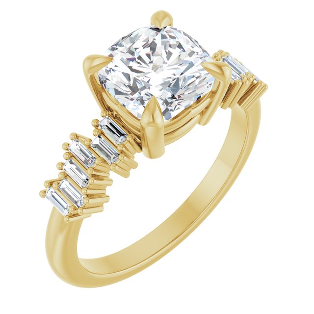 KALIA Solitaire Cushion Engagement Ring with Uneven Baguette Band - 18K Yellow Gold - View 1