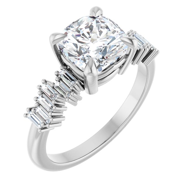 KALIA Solitaire Cushion Engagement Ring with Uneven Baguette Band - Platinum - View 1