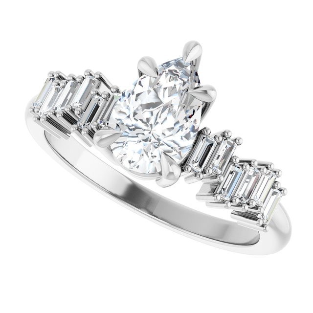 KALIA Solitaire Pear Engagement Ring with Uneven Baguette Band - Platinum - View 5
