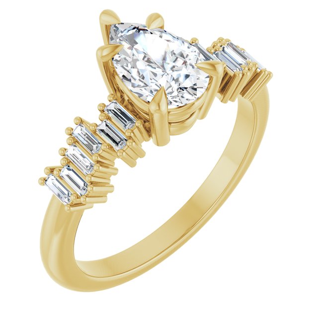 KALIA Solitaire Pear Engagement Ring with Uneven Baguette Band - 18K Yellow Gold - View 1