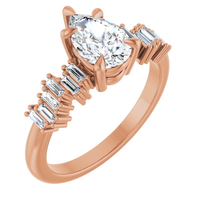 KALIA Solitaire Pear Engagement Ring with Uneven Baguette Band - 18K Rose Gold - View 1