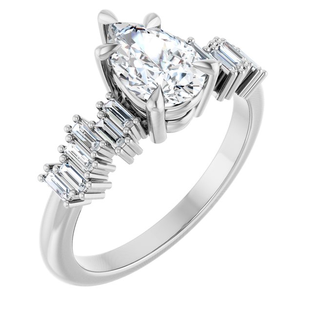 KALIA Solitaire Pear Engagement Ring with Uneven Baguette Band - Platinum - View 1