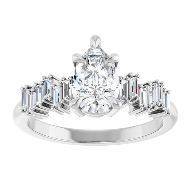 KALIA Solitaire Pear Engagement Ring with Uneven Baguette Band - Platinum - View 3