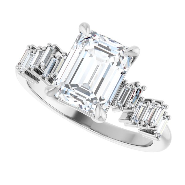 KALIA Solitaire Emerald Engagement Ring with Uneven Baguette Band - Platinum - View 5