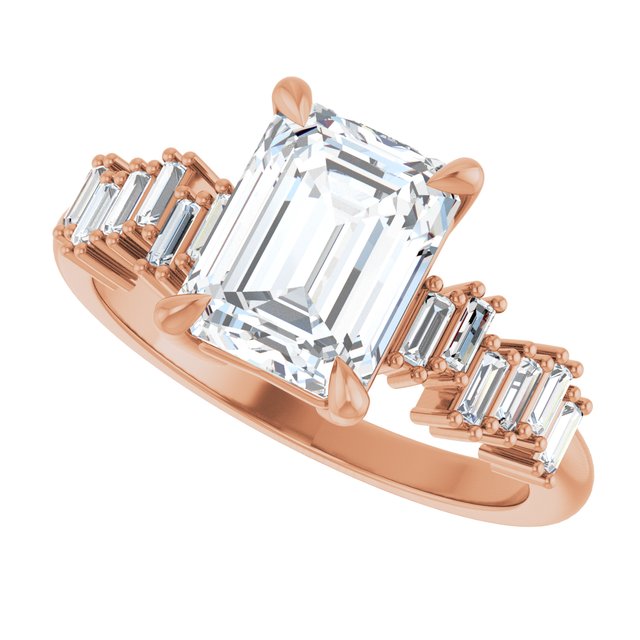 KALIA Solitaire Emerald Engagement Ring with Uneven Baguette Band - 18K Rose Gold - View 5