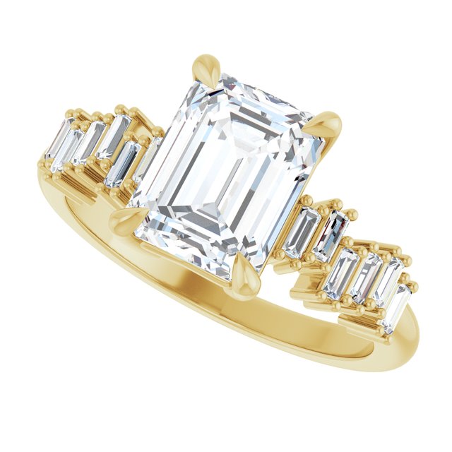 KALIA Solitaire Emerald Engagement Ring with Uneven Baguette Band - 18K Yellow Gold - View 5