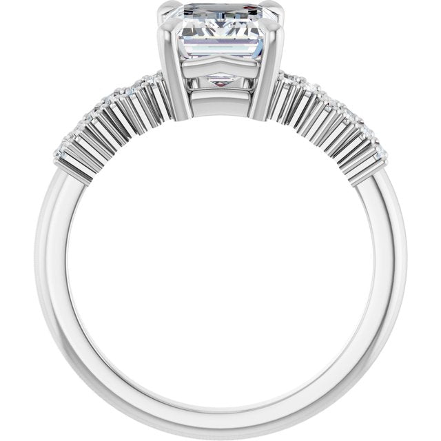 KALIA Solitaire Emerald Engagement Ring with Uneven Baguette Band - Platinum - View 2