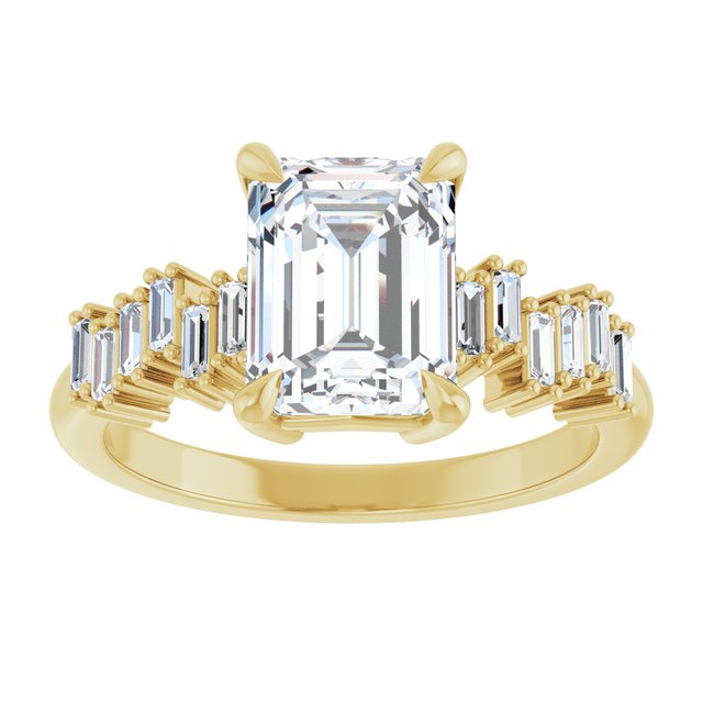 KALIA Solitaire Emerald Engagement Ring with Uneven Baguette Band - 18K Yellow Gold - View 3