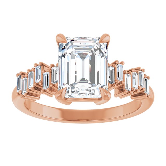 KALIA Solitaire Emerald Engagement Ring with Uneven Baguette Band - 18K Rose Gold - View 3