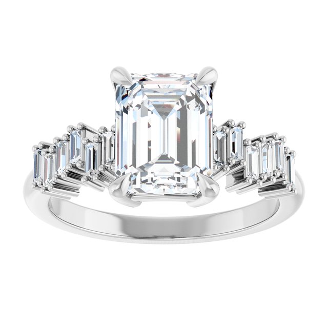 KALIA Solitaire Emerald Engagement Ring with Uneven Baguette Band - Platinum - View 3