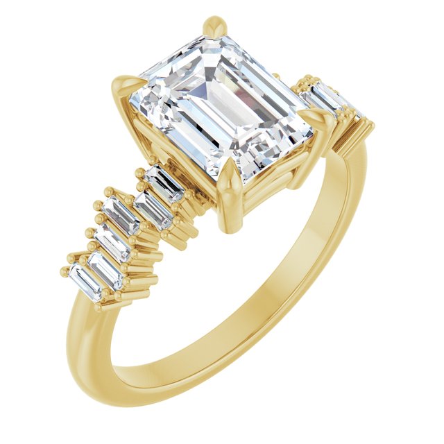 KALIA Solitaire Emerald Engagement Ring with Uneven Baguette Band - 18K Yellow Gold - View 1