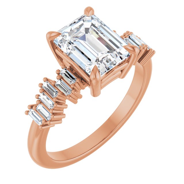 KALIA Solitaire Emerald Engagement Ring with Uneven Baguette Band - 18K Rose Gold - View 1
