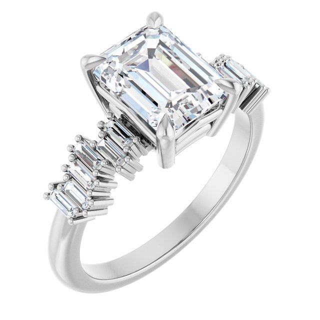 KALIA Solitaire Emerald Engagement Ring with Uneven Baguette Band - Platinum - View 1