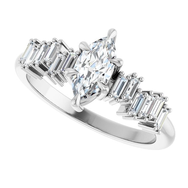 KALIA Solitaire Marquise Engagement Ring with Uneven Baguette Band - Platinum - View 5