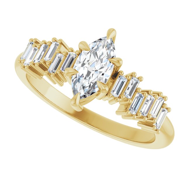 KALIA Solitaire Marquise Engagement Ring with Uneven Baguette Band - 18K Yellow Gold - View 5
