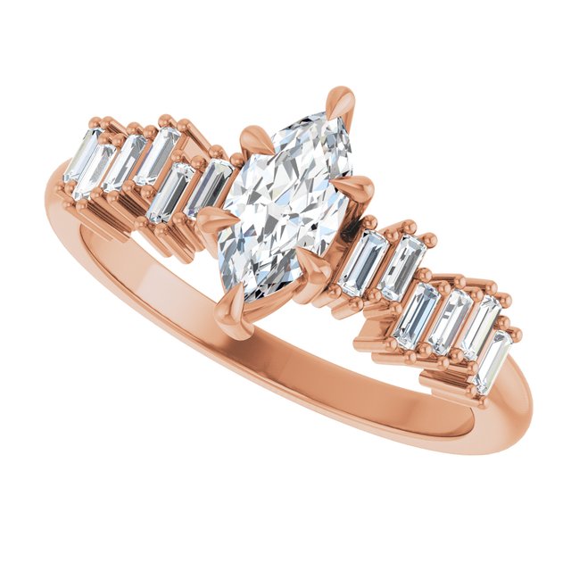 KALIA Solitaire Marquise Engagement Ring with Uneven Baguette Band - 18K Rose Gold - View 5