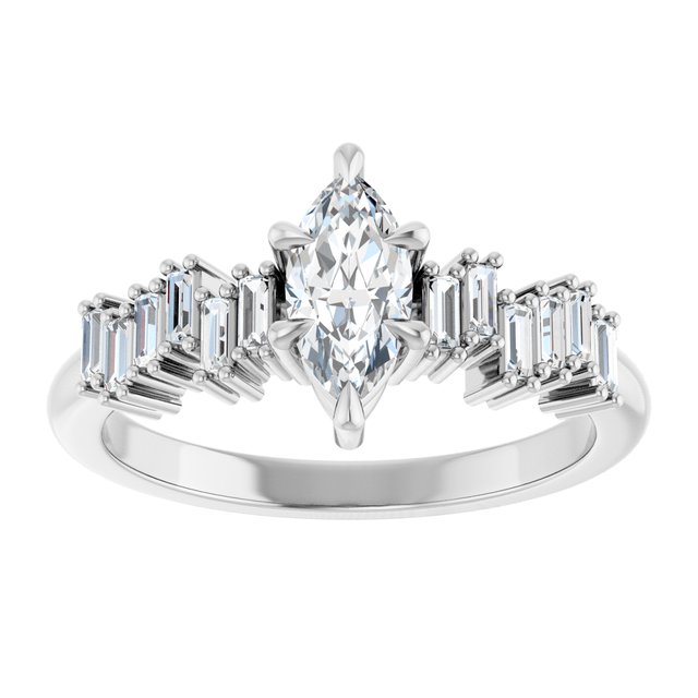 KALIA Solitaire Marquise Engagement Ring with Uneven Baguette Band - Platinum - View 3