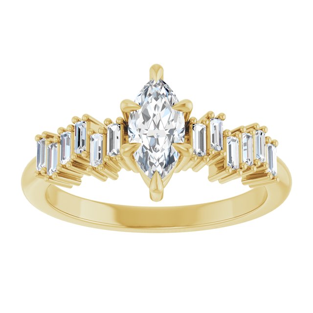 KALIA Solitaire Marquise Engagement Ring with Uneven Baguette Band - 18K Yellow Gold - View 3