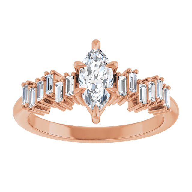 KALIA Solitaire Marquise Engagement Ring with Uneven Baguette Band - 18K Rose Gold - View 3