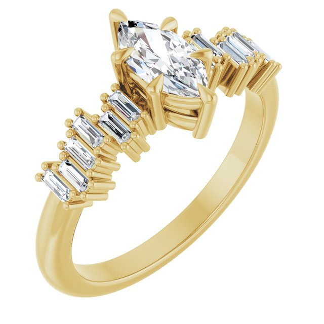 KALIA Solitaire Marquise Engagement Ring with Uneven Baguette Band - 18K Yellow Gold - View 1