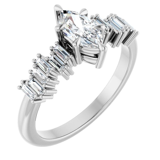 KALIA Solitaire Marquise Engagement Ring with Uneven Baguette Band - Platinum - View 1