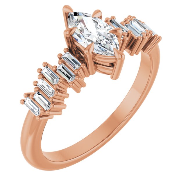 KALIA Solitaire Marquise Engagement Ring with Uneven Baguette Band - 18K Rose Gold - View 1
