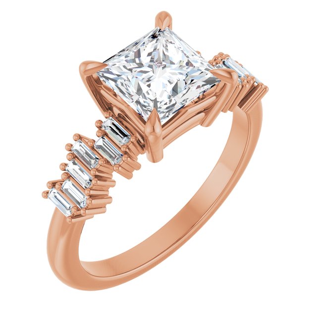 KALIA Solitaire Square Engagement Ring with Uneven Baguette Band - 18K Rose Gold - View 1