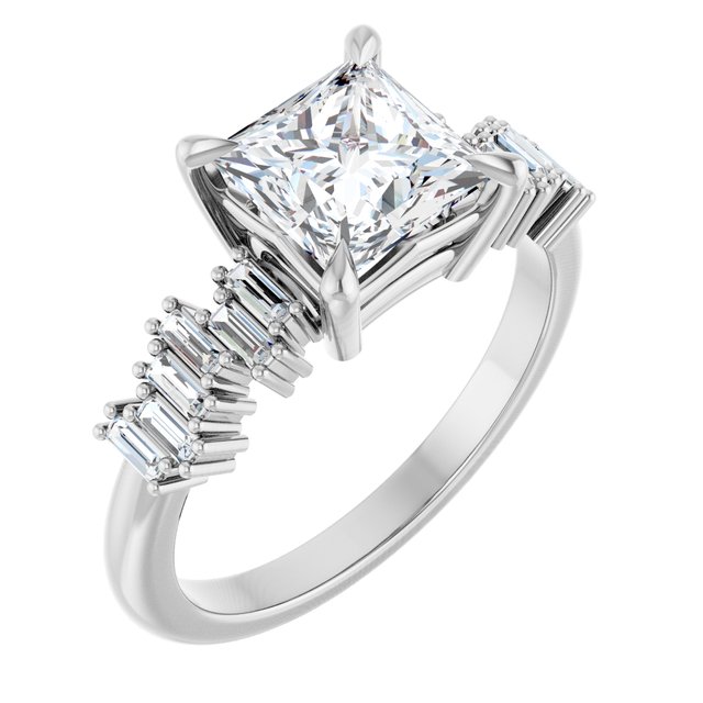 KALIA Solitaire Square Engagement Ring with Uneven Baguette Band - Platinum - View 1