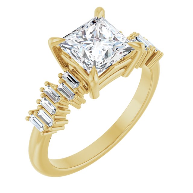 KALIA Solitaire Square Engagement Ring with Uneven Baguette Band - 18K Yellow Gold - View 1