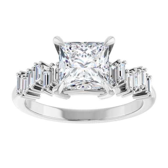 KALIA Solitaire Square Engagement Ring with Uneven Baguette Band - Platinum - View 3