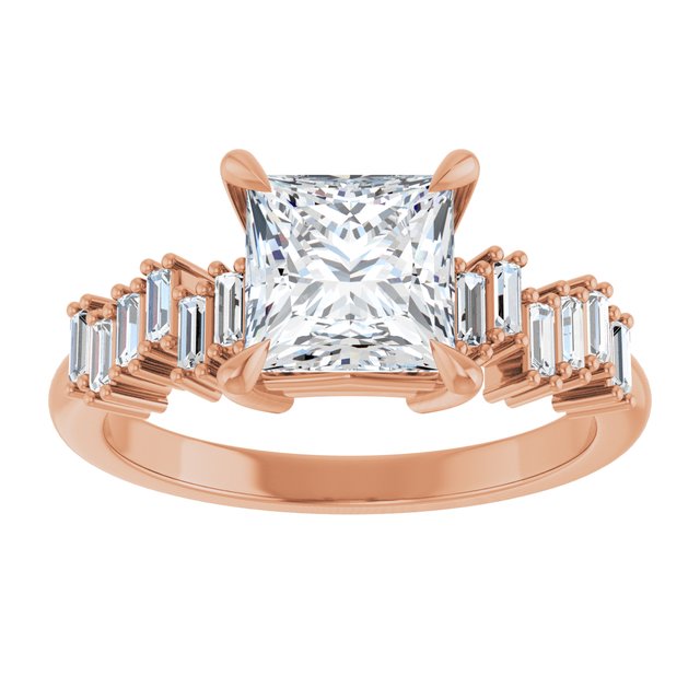 KALIA Solitaire Square Engagement Ring with Uneven Baguette Band - 18K Rose Gold - View 3