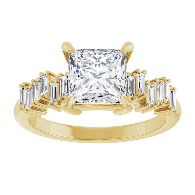 KALIA Solitaire Square Engagement Ring with Uneven Baguette Band - 18K Yellow Gold - View 3