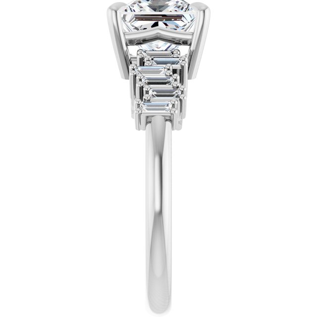 KALIA Solitaire Square Engagement Ring with Uneven Baguette Band - Platinum - View 4