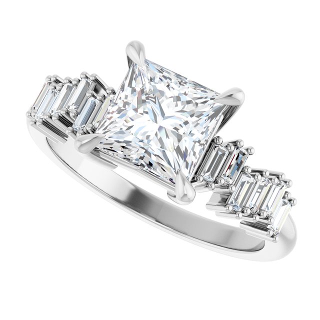KALIA Solitaire Square Engagement Ring with Uneven Baguette Band - Platinum - View 5
