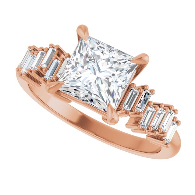 KALIA Solitaire Square Engagement Ring with Uneven Baguette Band - 18K Rose Gold - View 5
