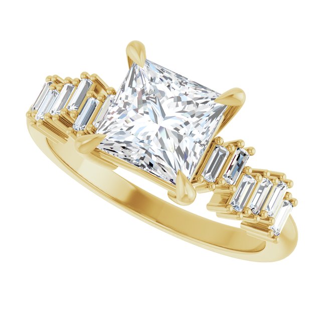 KALIA Solitaire Square Engagement Ring with Uneven Baguette Band - 18K Yellow Gold - View 5
