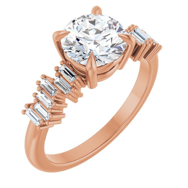 KALIA Solitaire Round Engagement Ring with Uneven Baguette Band - 18K Rose Gold - View 1