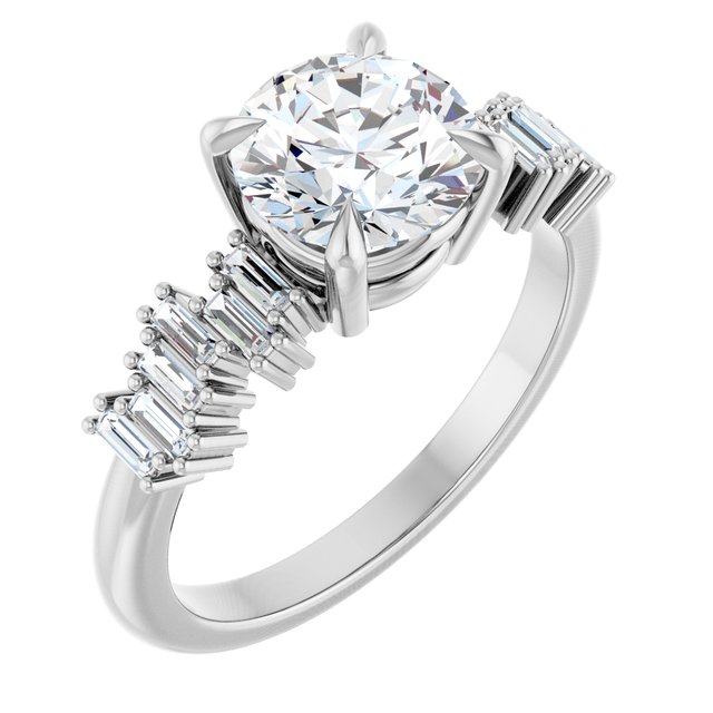 KALIA Solitaire Round Engagement Ring with Uneven Baguette Band - Platinum - View 1