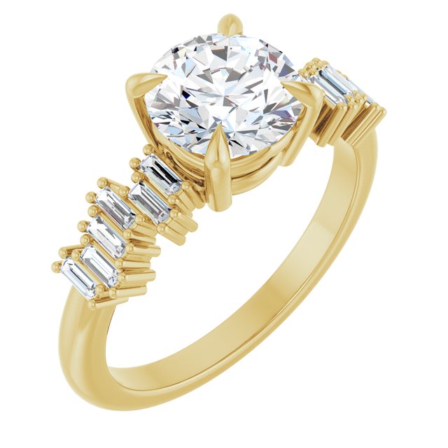 KALIA Solitaire Round Engagement Ring with Uneven Baguette Band - 18K Yellow Gold - View 1