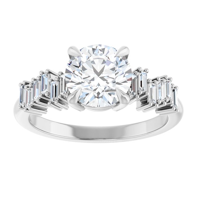 KALIA Solitaire Round Engagement Ring with Uneven Baguette Band - Platinum - View 3