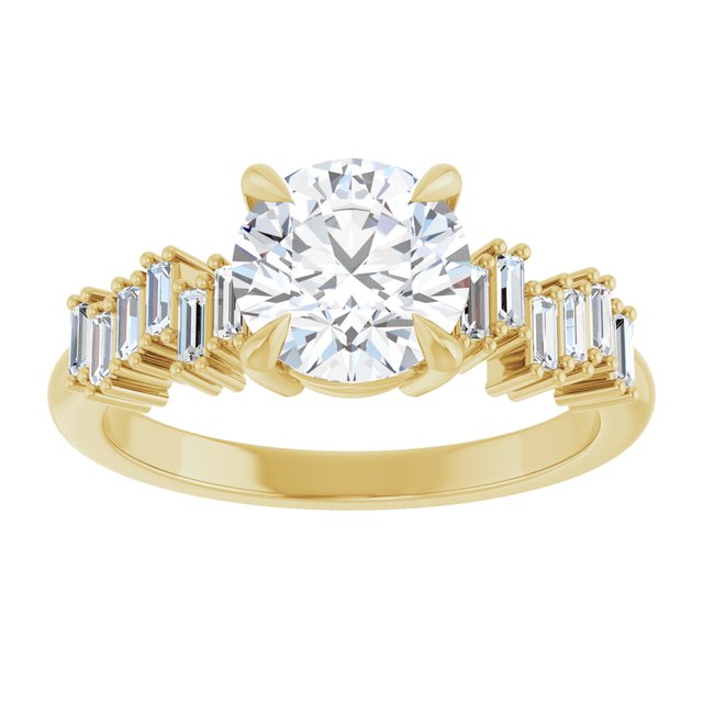 KALIA Solitaire Round Engagement Ring with Uneven Baguette Band - 18K Yellow Gold - View 3