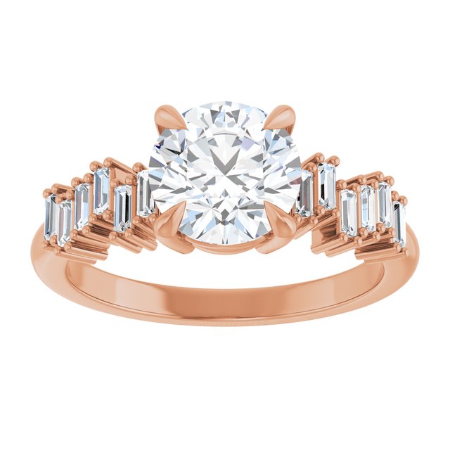 KALIA Solitaire Round Engagement Ring with Uneven Baguette Band - 18K Rose Gold - View 3